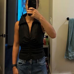 Tadashi Shoji Black Ruched V-neck Top